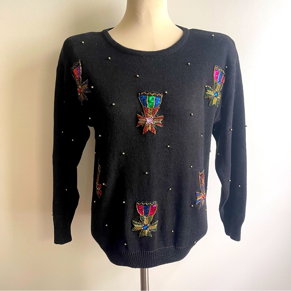 Vintage 1990s Celina Yang Black Sweater w Sequin Epaulets SP Petite Small Pearls
